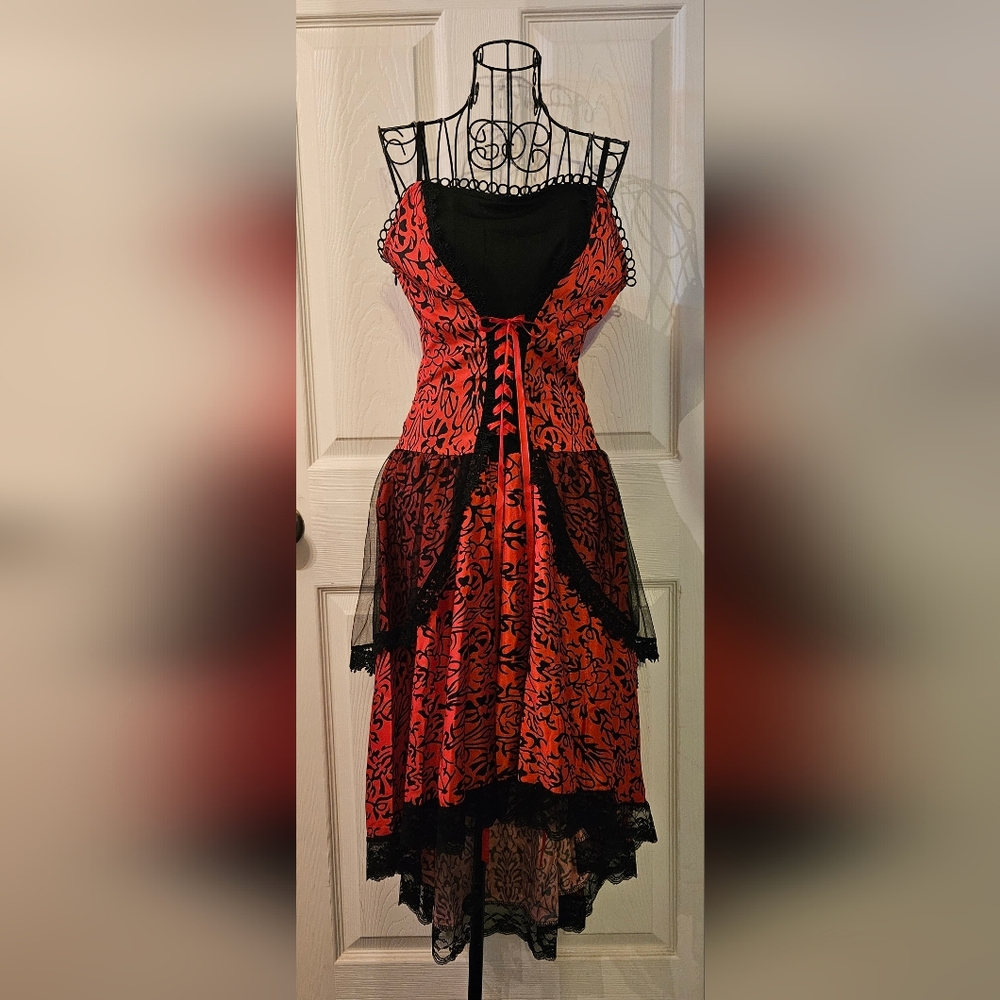 Red and Black High-Low Dress with Lace-Up Bodice